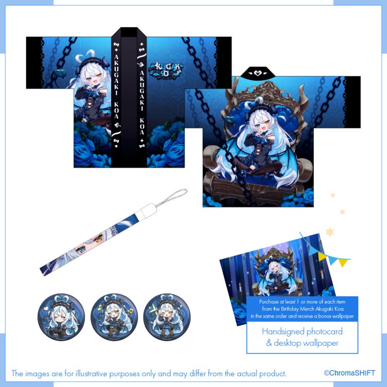 We interrupt all of the Halloween fun to announce that it's a big day today for <a href="/AkugakiKoa/">Akugaki Koa ↝ ⛓️ | ChromaSHIFT</a> as she celebrates her 2nd birthday! 🎂

We've worked with Koa to create some fun merch pieces for you to enjoy to celebrate the occasion. On offer: 

- Happi Coat
- Lightstick Strap
- Can