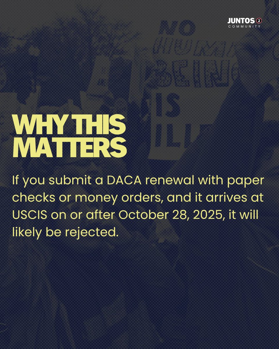 JuntosCommunity's tweet image. DACA recipients submitting renewals — you should know the latest USCIS payment rules!! 🚨USCIS will no longer accept paper checks or money orders, only electronic payments— be ready before you submit!

#USCISUpdate #ImmigrantRights #CommunitySupport #DACA #ImmigrationNews