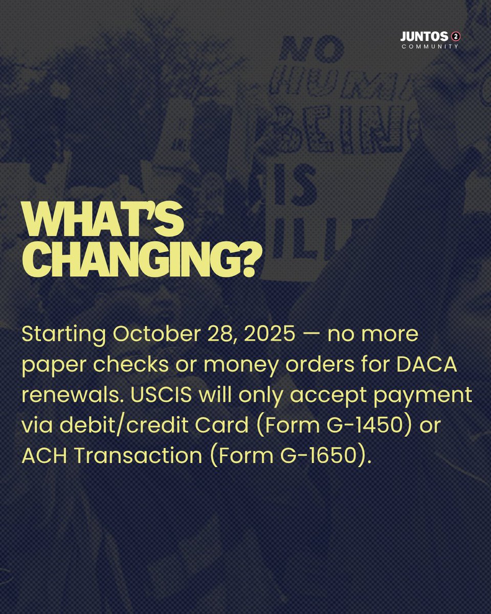 JuntosCommunity's tweet image. DACA recipients submitting renewals — you should know the latest USCIS payment rules!! 🚨USCIS will no longer accept paper checks or money orders, only electronic payments— be ready before you submit!

#USCISUpdate #ImmigrantRights #CommunitySupport #DACA #ImmigrationNews