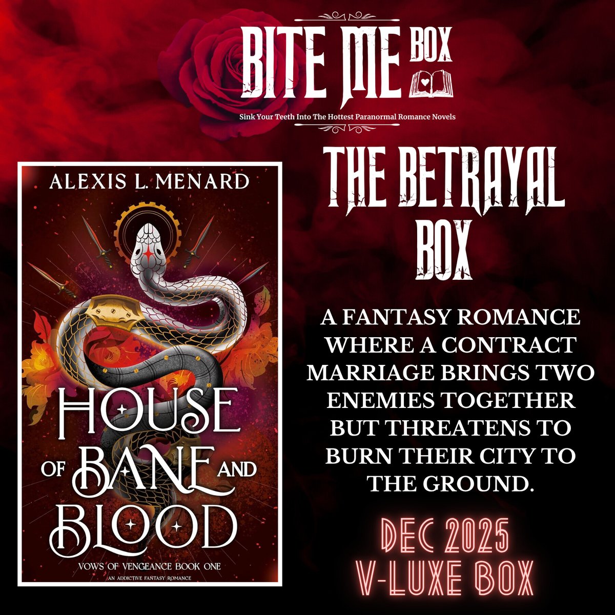 LVVampireNovels's tweet image. Nico and Milla were never meant to fall for each other. But betrayal has a way of blurring the lines between love and survival.

House of Bane &amp;amp; Blood might just ruin you in the best way. 🩸

bitemebox.com/boxes

#DarkRomanceBooks #FantasyAddict #BookishFeels #TheBetrayalBox