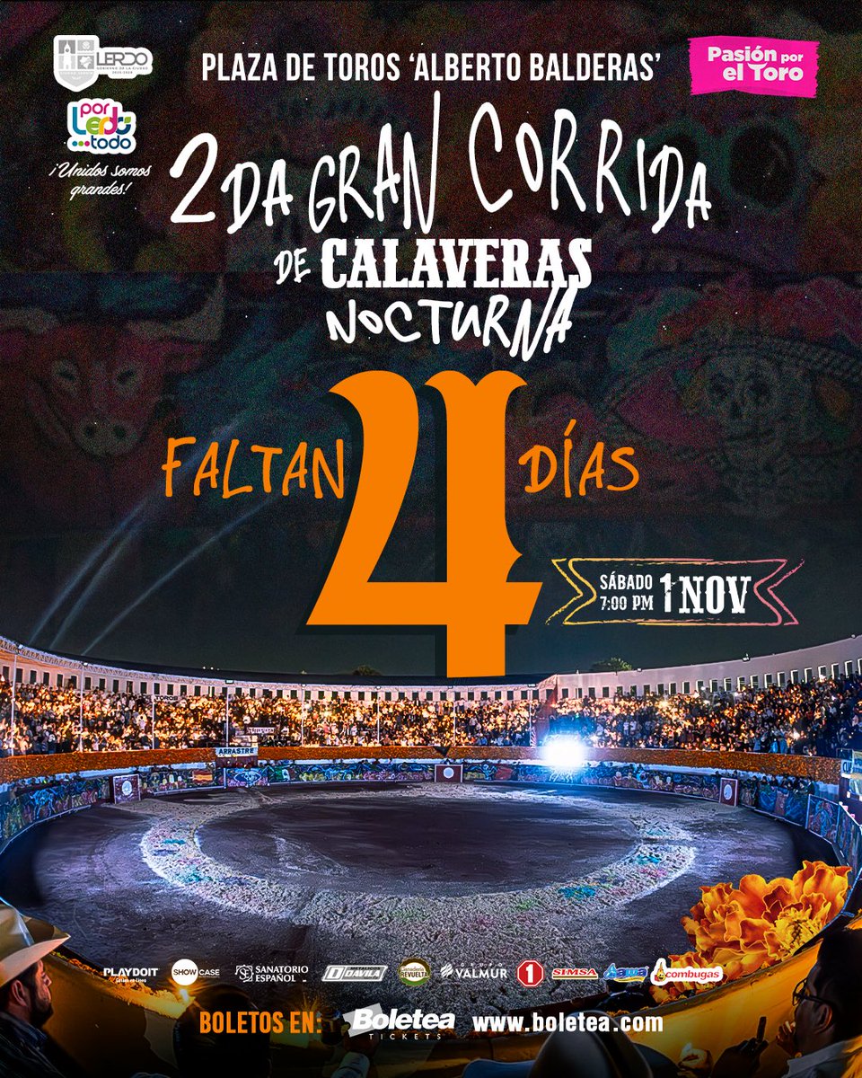 La 2da Gran Corrida de Calavera ya es este sábado 🙂‍↕️
Faltan 4 días para vivir esta fusión del Día de Muertos con la Tauromaquia.

Andy Cartagena y Calita van a partir plaza en Lerdo, Durango.