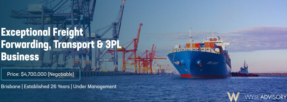 Exceptional Freight Forwarding, Transport &amp; 3PL Business
Brisbane | Established 26 Years | Under Management

Purchase Price: $4,700,000

Contact acquisitions specialist Justin for confidential Information Memorandum (IM).
Mobile: 0428 112 200
Email: justin@wyseadvisory.com.au
