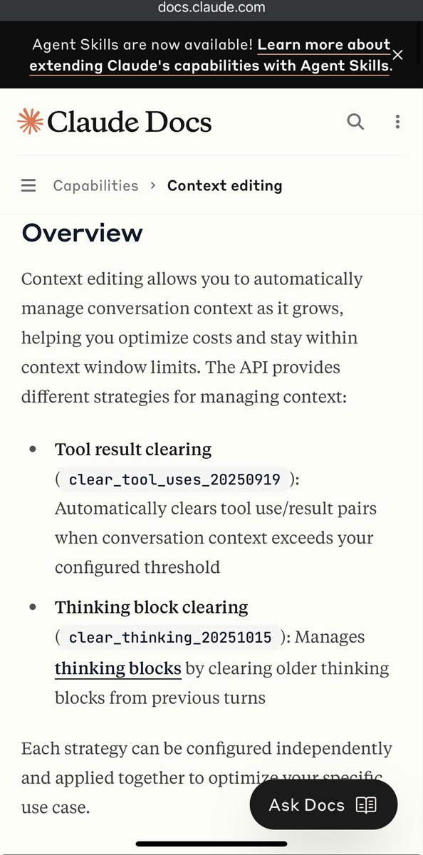 Context editing + evicting doc dumps:

this feels like a rlly underexplored pattern/api for context management, released a month ago by Anthropic 

concrete example: you need to make edits to your project using modal’s new documentation.  Use a Tool call “load_docs()” to dump the
