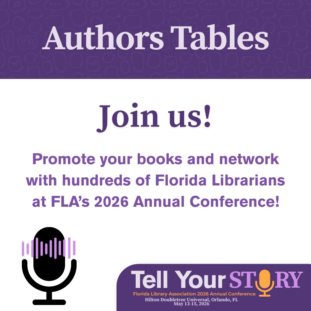 Calling all Authors! 🤩
Get ready to Tell Your Story! Reserve a table at the 2026 FLA Conference and connect with the library professionals who share your work with communities statewide!
Details &amp; Application: loom.ly/mPaFZfY

#FLACon26 #TellYourStory #FloridaLibraries