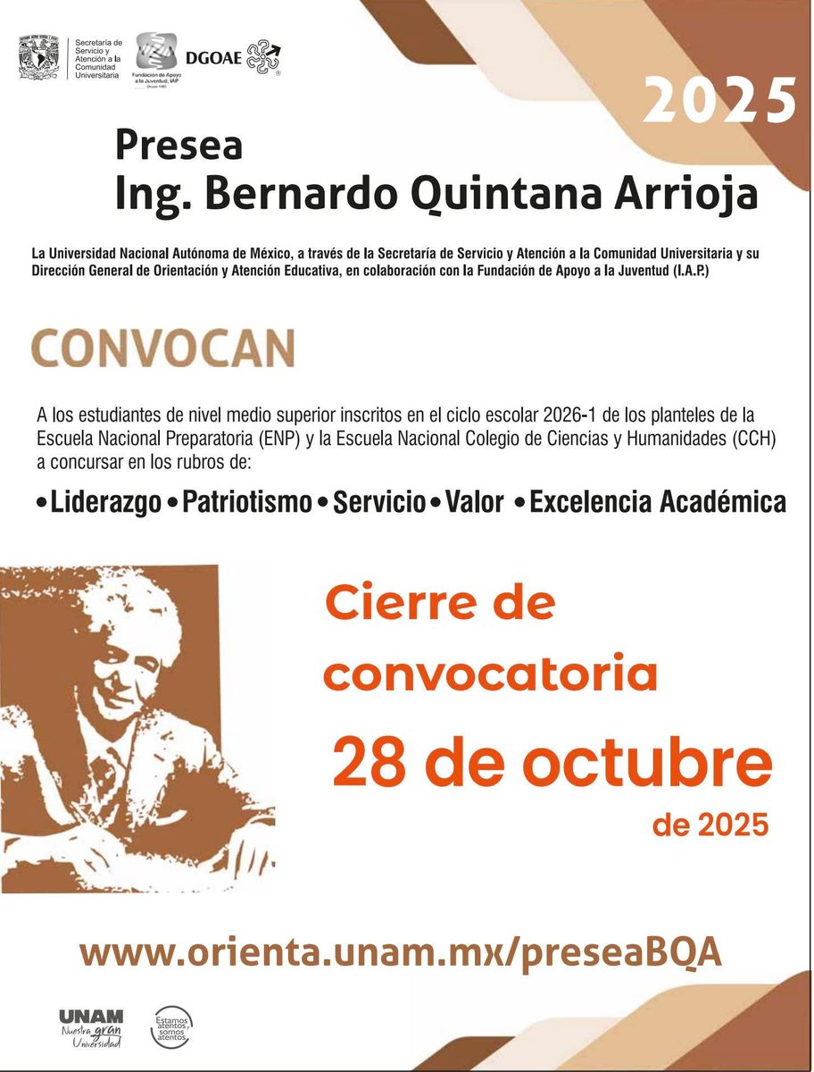 CCHUNAM's tweet image. ¡¡¡SE VA... SE VA!!! ⌛⌛⌛

HOY, ÚLTIMO DÍA...

Cecehacher@, concursa por la Presea Ing. Bernardo Quintana Arrioja 2025. 🏅🏅🏅

Rubros:

✅ Valor
✅ Excelencia Académica
✅ Liderazgo
✅ Patriotismo
✅ Servicio

Acá los detalles ⬇️⬇️