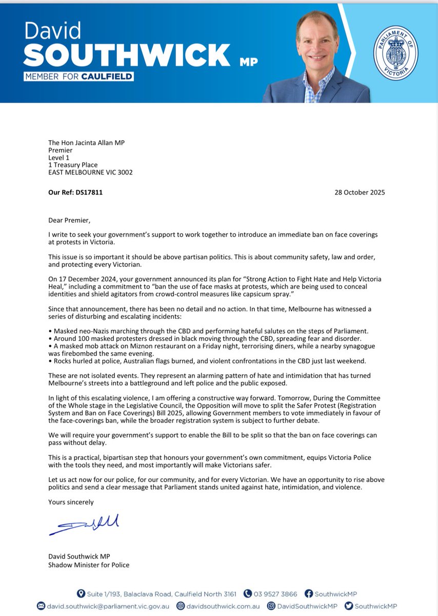 Yesterday I wrote to the Premier urging her to put politics aside and back a ban on face masks at protests. The Premier promised this nearly 12 months ago and we’ve seen nothing. The time to unmask the gutless cowards who hijack our city is now.

#springst