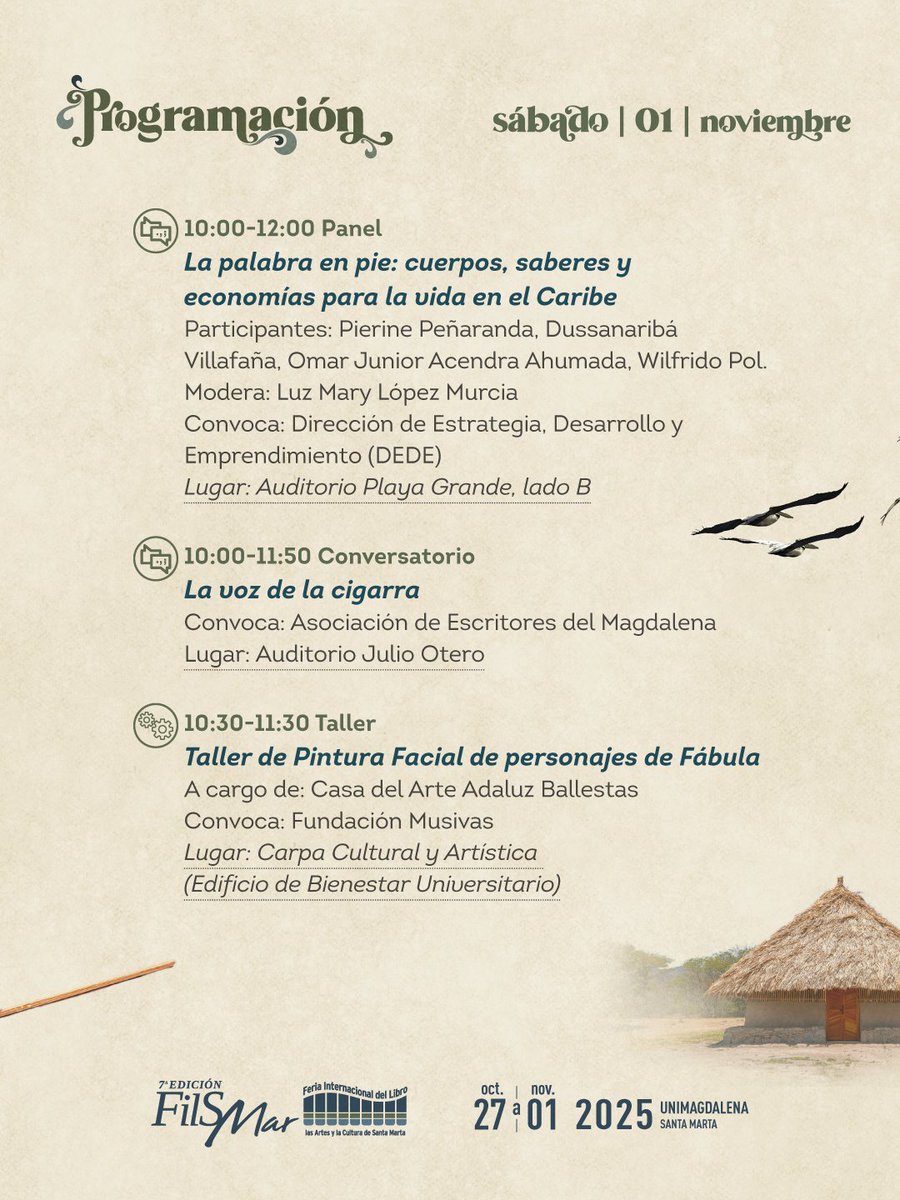 Llegamos al último día de la FILSMAR.
.
Acompáñanos en la Universidad del Magdalena para cerrar con broche de oro esta gran fiesta del libro, las artes y la cultura.
