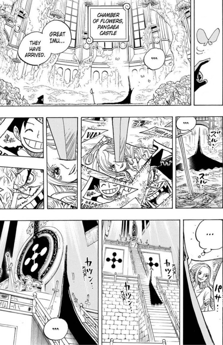 #ONEPIECE1164 

Now we know why Imu has these posters.   

Monkey D. Luffy = descendant of Joyboy?   

Marshall D. Teach = descendant of Davy D. Jones  

Shirahoshi = the descendant of the Mermaid Princess who formed a pact with Joyboy (the second coming of Poseidon)  

Nefertari