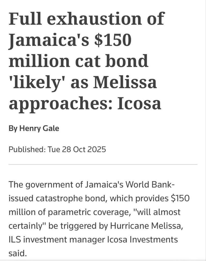 Jamaica’s Catastrophe Bond has certainly triggered and a 100% payout is very likely. J$24B is on its way within days. Will be useful to kickstart relief and recovery. More instruments in the National Natural Disaster Risk Financing (NNDRF) Framework will likely trigger too.