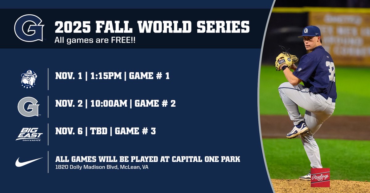 GUCoachT's tweet image. 🚨 Hoya Nation our annual Fall World Series game times and teams are set!
All games will be @CapitalOnePark and games are 🆓!
Come and watch the @GtownBaseball play split squad games to determine who will win the FWS🏆.
Nov 1st-1:15pm
Nov 2nd- 10:00am
Nov 6th- TBD