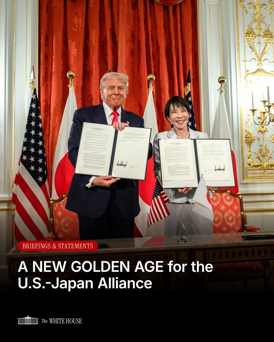 Through investments in critical minerals and advanced technology, the U.S.-Japan alliance will bolster economic resilience, drive growth, and foster lasting global prosperity.

A NEW GOLDEN AGE. 🇺🇸🇯🇵