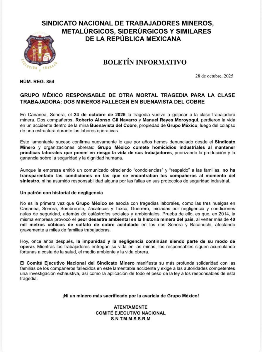 Es inadmisible que más compañeros mineros sigan muriendo por culpa de #GrupoMéxico. 

Roberto Alonso Gil Navarro y Manuel Reyes Moroyoqui, perdieron la vida en un accidente que se pudo evitar dentro de la mina Buenavista del Cobre. 

Exigimos justicia, basta de impunidad y falta