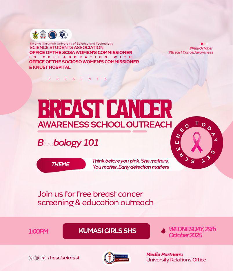 Think before you pink.She must know more. Early detection matters.
Join us at Kumasi Girls SHS this Wednesday at 1 PM for a powerful Breast Cancer Awareness Outreach  in collaboration with <a href="/Socioso_Knust/">social Sciences Society-KNUST</a>
✅ Free screening✅ Myth-busting education✅ Hope in action#Get checked