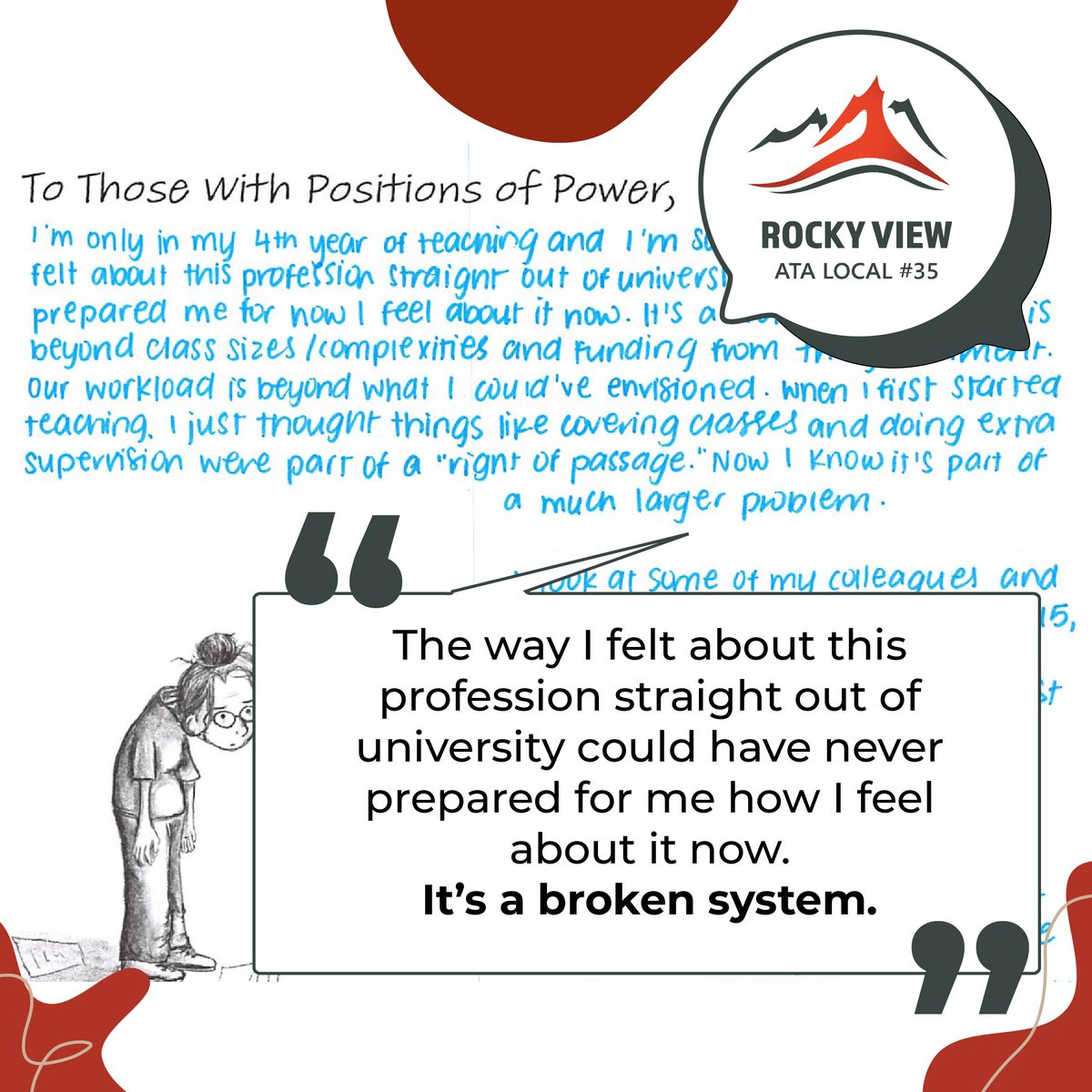 Public education is NOT OKAY.

We ask you to reflect, recognize the emotional toll, and take a stand for the future of public education.
📢 Share our messages.

📚 Get informed.

✊ Advocate fiercely.

Support public education. Support our future.
#Red4EdAB #AlbertaTeachers