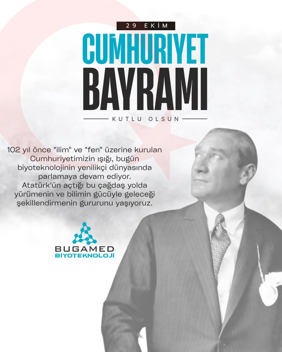 BugamedBio's tweet image. Cumhuriyet Bayramımız kutlu olsun! 🇹🇷
#Cumhuriyet102Yaşında #29Ekim #Atatürk #BUGAMEDBiyoteknoloji #BilimveTeknoloji