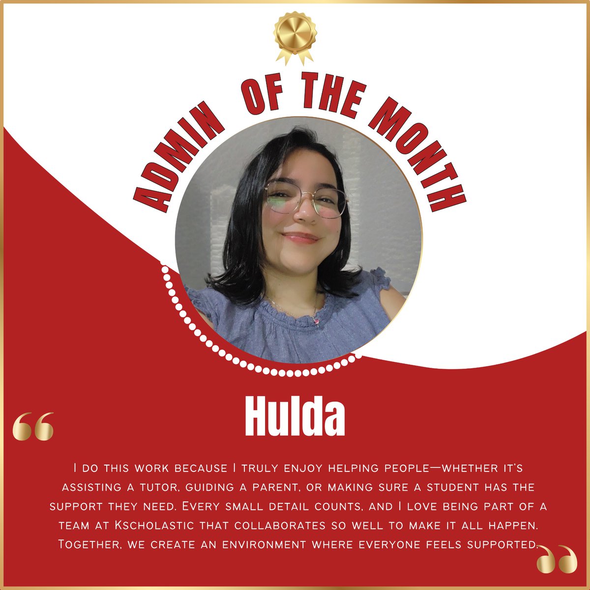 Kscholasticinc's tweet image. Let&apos;s give a round of applause to our Admin of the Month, Hulda! 👏

#kscholastic #tutors #houstontutor #tutoring #education #tutoringservices #sattutor #finalexam #employeeofthemonth #adminofthemonth
