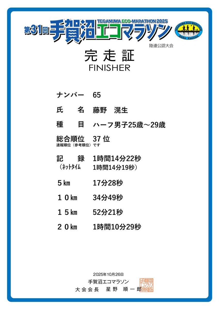 noda_ac's tweet photo. 【第31回手賀沼エコマラソン】

NodaAC所属の藤野滉生がハーフの部に出場しました。

年代別：第7位
総合：第37位  
タイム：74′22

応援ありがとうございました。 https://t.co/T355S3xm9R