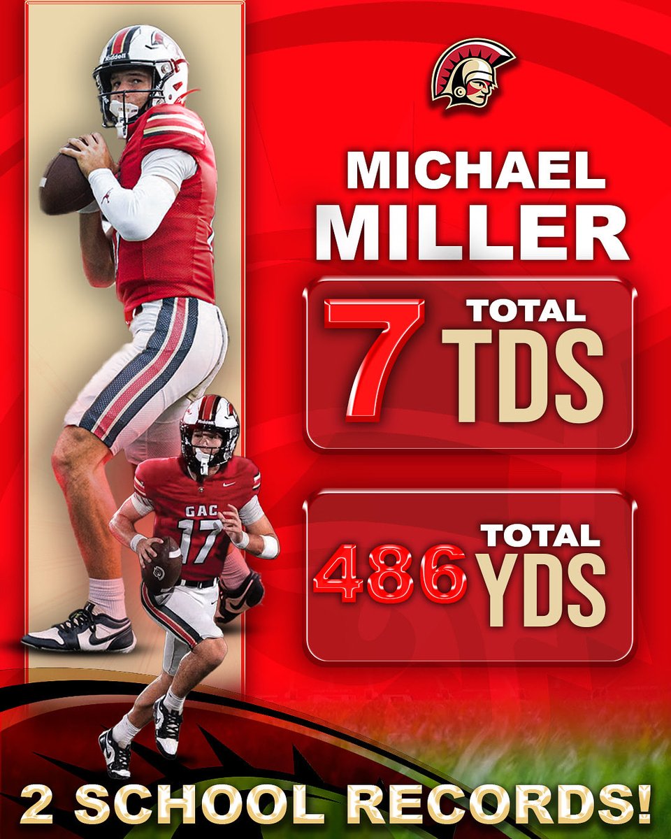 QB1 Got it Done! 

Congratulations to <a href="/michaelmillr4/">Michael Miller (2028 QB)</a>! 

The sophomore set two school records in <a href="/GACFootball/">GAC Football</a> 49-35 win over Pickens last Friday — totaling 486 yards and 7 TDs!

He’s your Gwinnett Daily Post Offensive Player of the Week.

Congrats, Michael!