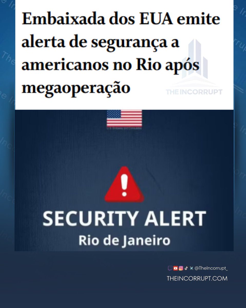 🇺🇸 AGORA | EMBAIXADA AMERICANA EMITE ALERTA DE SEGURANÇA

- Os EUA estão acompanhando de perto a situação no Rio de Janeiro e emite alerta aos americanos que estão na cidade.