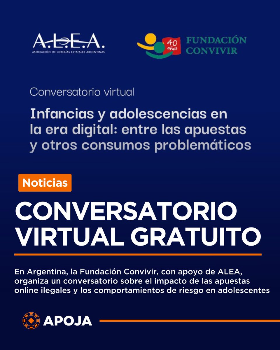apoja_py's tweet image. 🚨 Invita APOJA 🇵🇾 | Conversatorio GRATUITO 🇦🇷
Tema: Adolescencias y #ApuestasOnline ilegales. Obtén herramientas de prevención y protección.

Org. virtual por Fundación Convivir/ALEA (Argentina).

🗓️ Jueves 6 Nov | 18:00 h. Regístrate: forms.gle/3YiWssRc2eNGcx…
