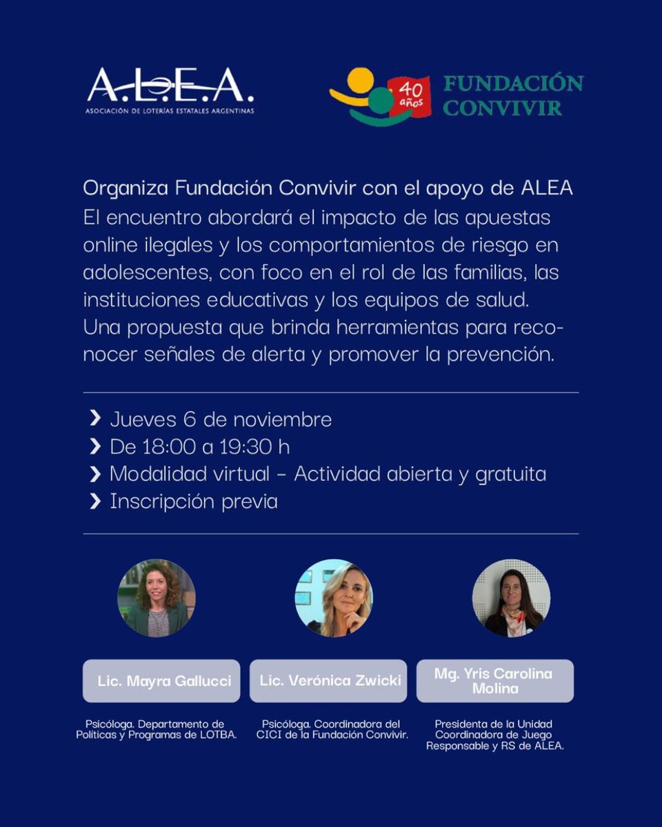 apoja_py's tweet image. 🚨 Invita APOJA 🇵🇾 | Conversatorio GRATUITO 🇦🇷
Tema: Adolescencias y #ApuestasOnline ilegales. Obtén herramientas de prevención y protección.

Org. virtual por Fundación Convivir/ALEA (Argentina).

🗓️ Jueves 6 Nov | 18:00 h. Regístrate: forms.gle/3YiWssRc2eNGcx…