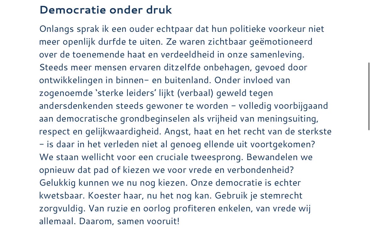 ‘Angst, haat en het recht van de sterkste - is daar in het verleden niet al genoeg ellende uit voortgekomen?..een cruciale tweesprong. Bewandelen we opnieuw dat pad of kiezen we voor vrede en verbondenheid?’ Koester onze democratie. Kies voor #SamenVooruit@gl_pvda 
 #pauwendewit