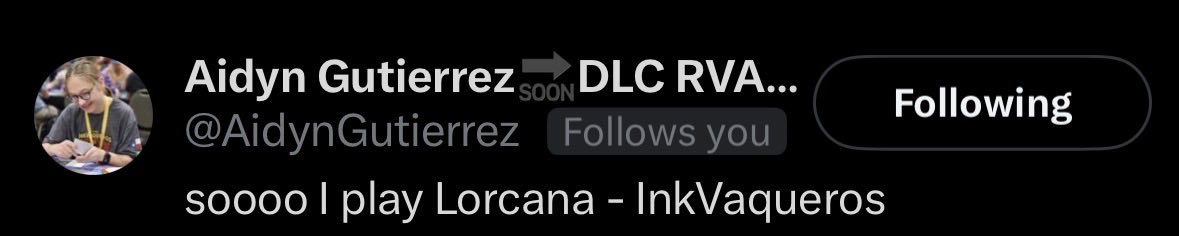 Welp! I can mark another Lorcana goal off my list, one of my favorite Lorcana players <a href="/AidynGutierrez/">Aidyn Gutierrez🔜DLC RVA - InkVaqueros</a> started following me!!!! Great kid right here!