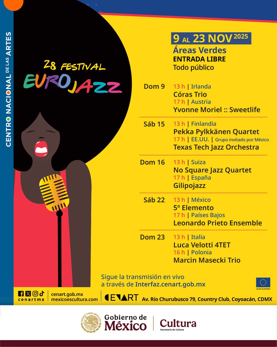 ¡Ponlo en tu agenda! Ya tenemos la programación del 28 Festival Eurojazz, que este año llega con grandes agrupaciones que llevan el género a otro nivel 🇮🇪🇦🇹🇫🇮🇺🇸🇲🇽🇪🇸🇳🇱🇨🇭🇮🇹🇵🇱🇪🇺

Una colaboración entre <a href="/cultura_mx/">Secretaría de Cultura</a> y <a href="/UEenMexico/">Unión Europea en México 🇪🇺🇲🇽</a>.