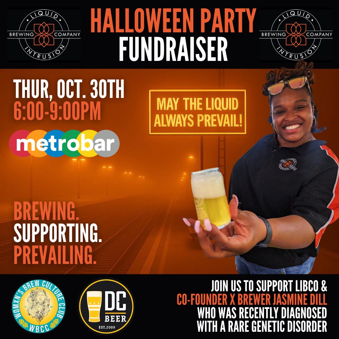 metrobardc's tweet image. 🧡 SUPPORT JASMINE: @liquidintrusion 🎃 Fundraiser! 🍺Join the #dcbeer WBCC #MDBeer community to support LIBCO’s Jasmine Dill and raise a glass of legendary liquid. % of sales donated in support.
🗓️ Thur 10/30 6-9p
📍#metrobardc
🎵 DJ Teddy G
🍗 ChowDownDC
eventbrite.com/e/support-jasm…