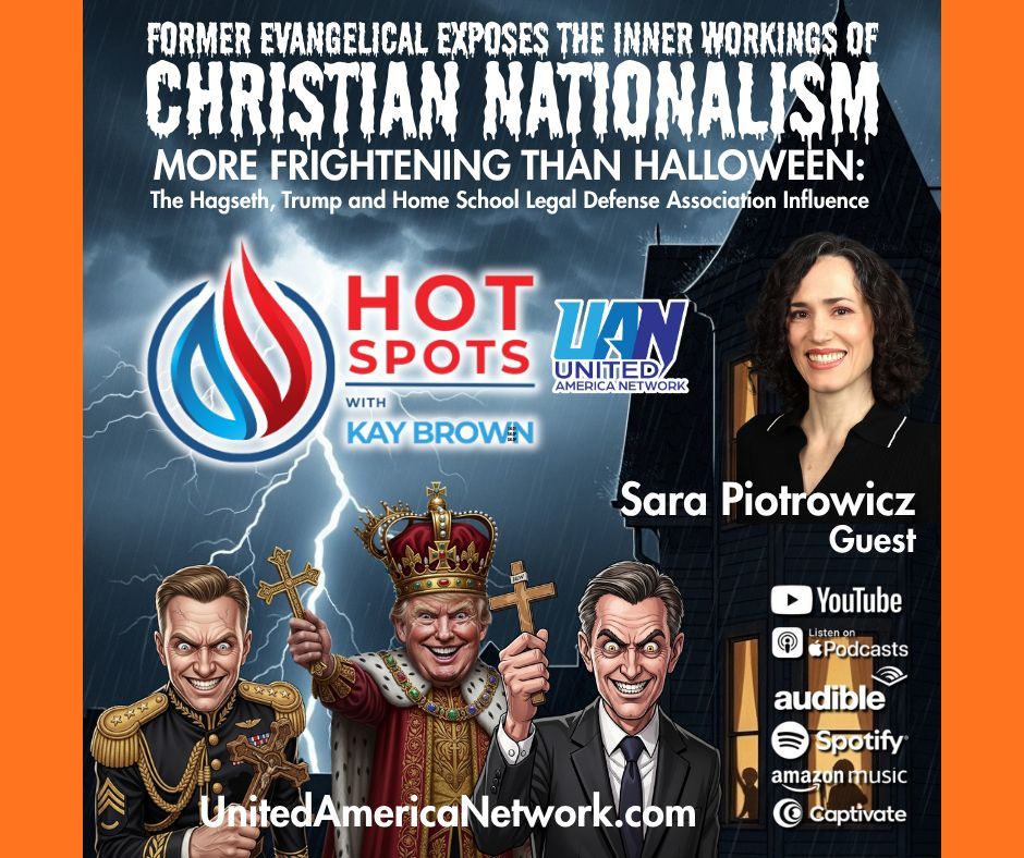 OfficialRCDP's tweet image. The latest episode of &quot;Hot Spots&quot; is out and is a MUST listen:  former homeschooled evangelical Sarah Piotrowicz joins Kay Brownto share her journey out of the world of Christian Nationalism.
unitedamericanetwork.com