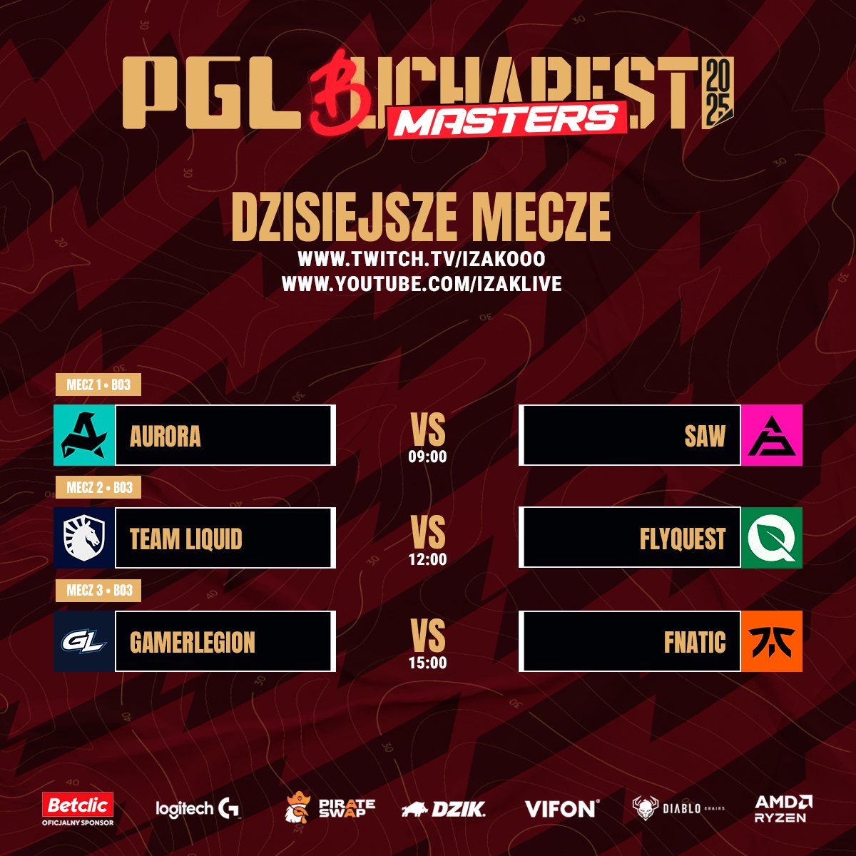 Dzień dobry, zapraszamy na transmisję 🤗

Szybka uwaga - trzeci mecz może zostać zastąpiony przez zestawienie B8/Legacy

🎙 <a href="/izaklive/">Piotr Skowyrski</a> <a href="/morgenowsky/">Morgen</a> <a href="/LukaszPozyczek/">Łukasz Pożyczek</a>