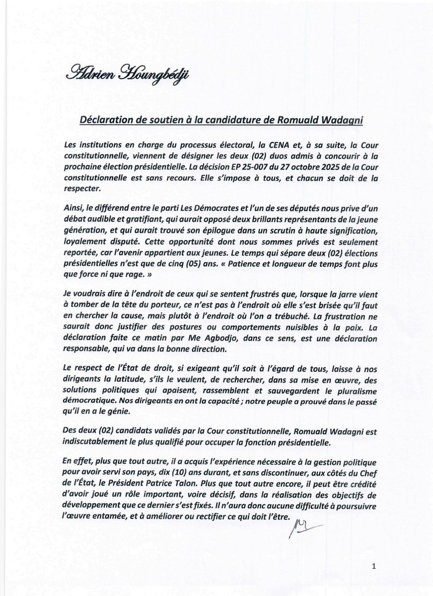 actualites229's tweet image. 🇧🇯 #BeninPolitique #Presidentielle2026 || Ce mardi 28 octobre 2025, Adrien Houngbédji Apporte son Soutien Solennel à @WadagniRomuald. Lire sa déclaration ⬇️
