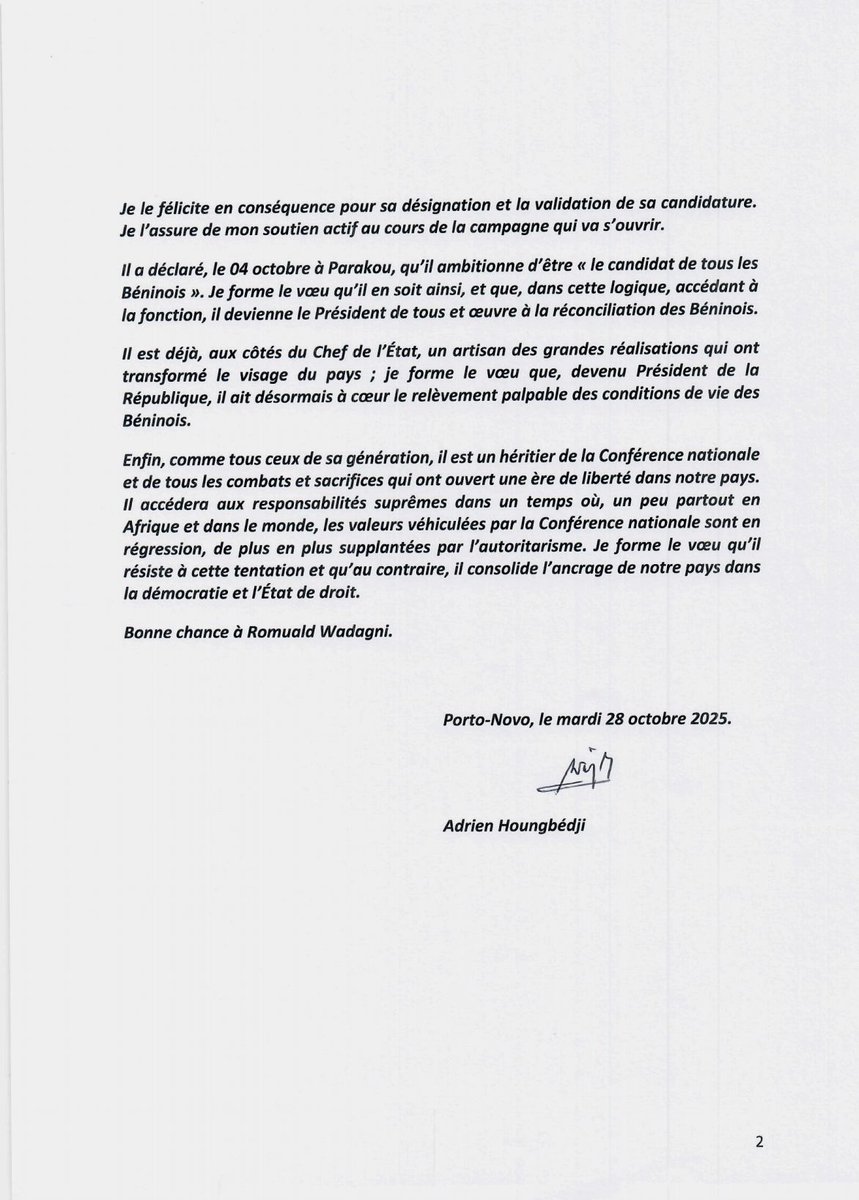 actualites229's tweet image. 🇧🇯 #BeninPolitique #Presidentielle2026 || Ce mardi 28 octobre 2025, Adrien Houngbédji Apporte son Soutien Solennel à @WadagniRomuald. Lire sa déclaration ⬇️