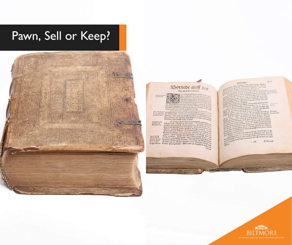biltmoreloan's tweet photo. Pawn, sell, or keep? 
This centuries-old German Bible could date back to the Reformation era — possibly an early Luther edition.
Would you treasure it for history or trade it for cash? https://t.co/5Zerd2EU5t