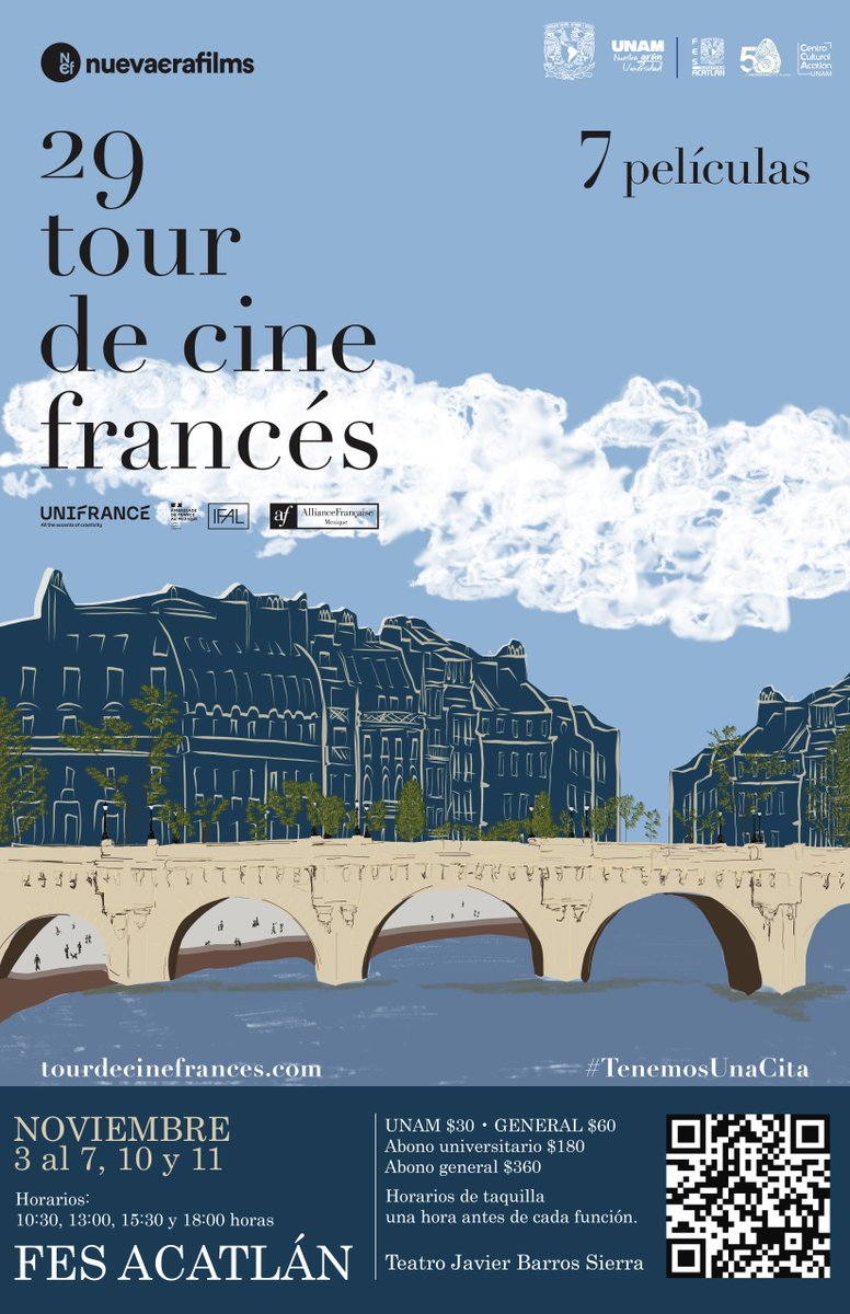 ¡Tenemos una cita! La exhibición del 29 Tour De Cine Francés del 📅 3 al 7, 10 y 11 de noviembre.
Cuatro funciones: 10:30, 13:00, 15:30 y 18:00 horas 📌 Teatro Javier Barros Sierra
Boletos en taquilla una hora antes de cada función. UNAM $30 General $60