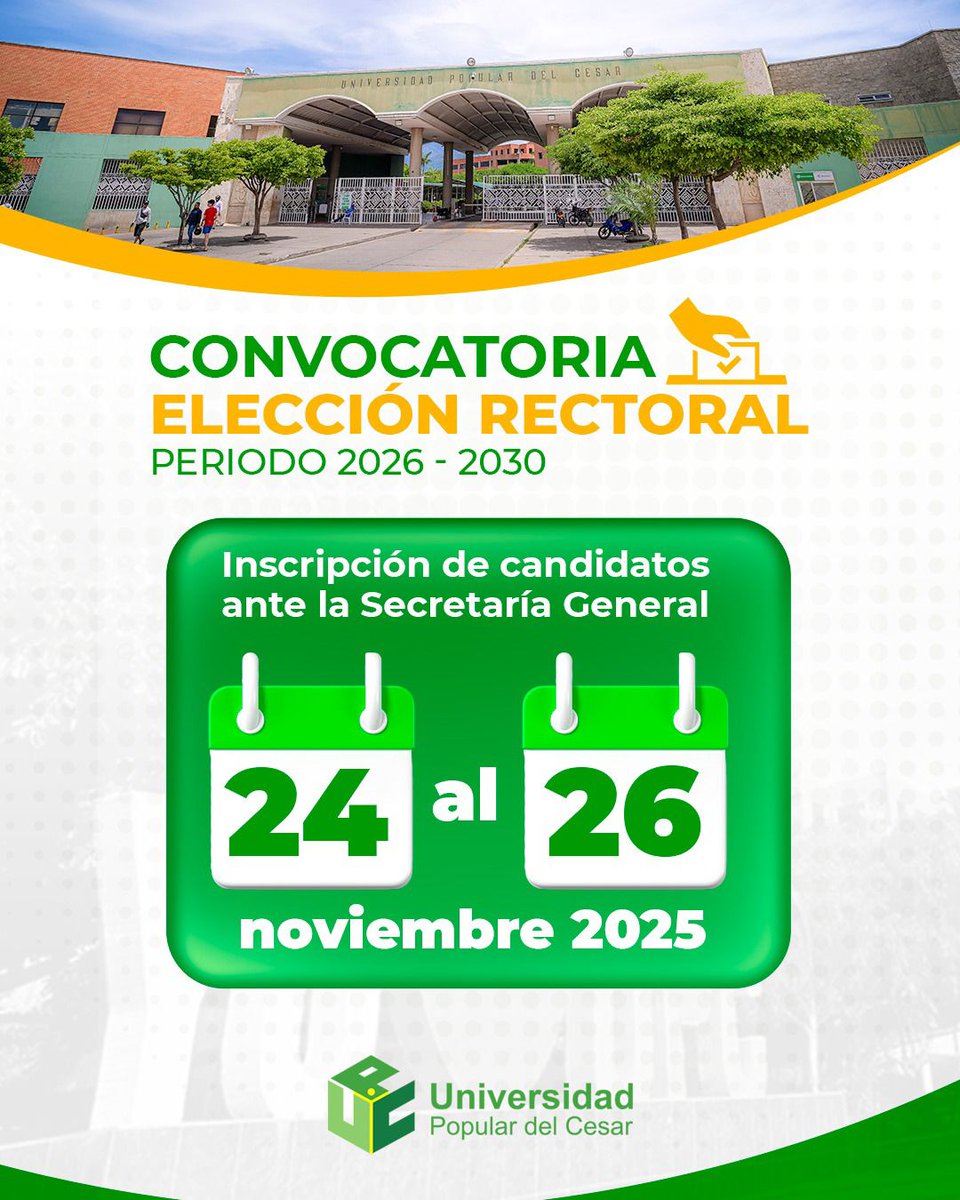 <a href="/UnicesarOficial/">UnipopularCesarOficial</a> del 24 al 26 de noviembre de 2025  inscripciones para candidatos a Rector periodo 2026/30 Foros de presentación de propuestas: feb 2026 Sede Valledupar 23 Aguachica: 24 Consulta Estamentaria: 26 Designación del nuevo Rector: 9 de marzo de 2026 <a href="/RoberRomeroR/">Rober Romero Ramirez</a>