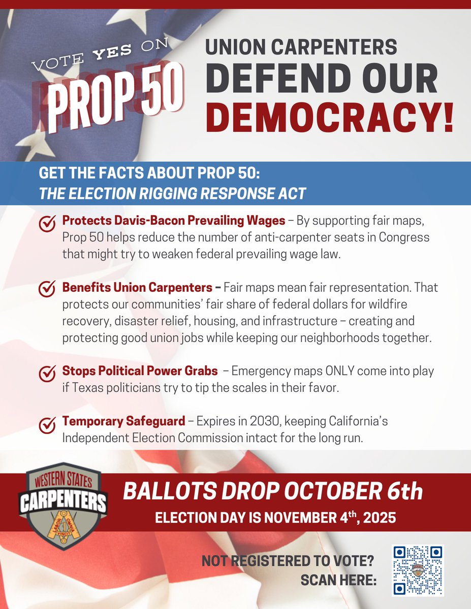 WSCarpenters's tweet image. ATTN: CA Carpenters we are one week away from election day, get the facts on Prop 50.
✅ Scan the QR code or click the link to make sure you're registered to vote. loom.ly/tUApmyg

#GOTV #UNION #UnionCarpenters