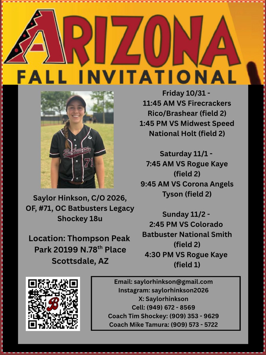 Check out my team’s schedule for the Arizona Fall Invitational in Scottsdale AZ <a href="/CoastRecruitsSB/">Coast Recruits 🥎</a> <a href="/CoastRecruits/">Coast 2 Coast Recruits</a> <a href="/247recruiting/">247Sports Recruiting</a> <a href="/CoachDowns42/">Coach Downs</a> <a href="/fearny37/">Kendall Fearn</a> <a href="/J_Maier3/">Jared Maier</a> <a href="/CoachDonDon/">Don Don Williams</a> <a href="/GCarbonatto/">Gina Carbonatto</a> <a href="/coachCThomson/">Cody Thomson</a> <a href="/TylerHeil/">Tyler Heil</a>