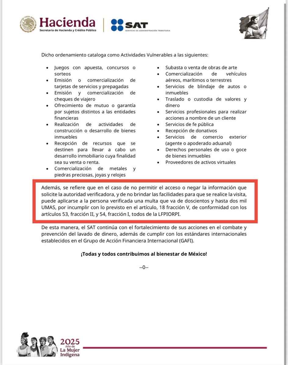 LuisPadronV's tweet photo. 🔴 ALERTA FISCAL | SAT endurece vigilancia en ACTIVIDADES VULNERABLES (LFPIORPI)

El @SATMX lanzó campaña masiva para detectar negocios no inscritos o con omisiones PLD.

Negarte a una visita puede costarte 200 a 2,000 UMA.

💣 Traducción práctica: el SAT viene por quienes operan sin registro o con omisiones en sus reportes PLD.

Avisados están!

#LaVozdelFiscalista