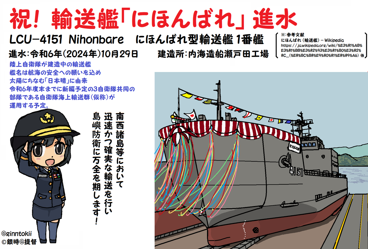 今日、10月29日は
護衛艦「あけぼの」「もがみ」の
起工日ですが
https://t.co/cf12kbOUy0
輸送艦「#にほんばれ」の進水日
進水:令和6年(2024年)10月29日

就役:令和7年(2025年)4月6日
建造:内海造船瀬戸田工場

艦名は、太陽にちなむ
「日本晴」に由来
自衛隊海上輸送群第2海上輸送隊 所属 