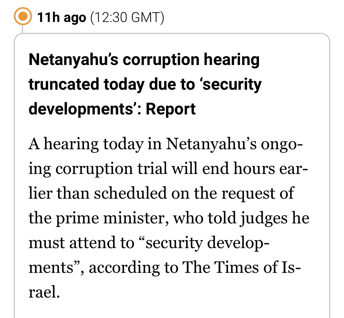 “Updates: #Israel PM #Netanyahu orders ‘powerful, immediate’ attacks on #Gaza
…
Netanyahu’s #corruption hearing truncated today due to ‘security developments’”

And we’re back where we started, with Bibi bombing civilians to avoid prison.
#GazaGenocide 
aljazeera.com/news/liveblog/…
