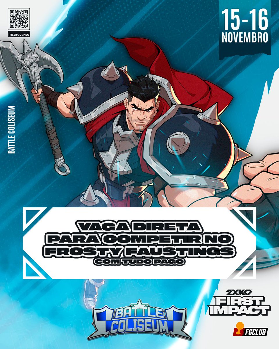 O 2XKO (First Impact) no Battle Coliseum vai ser histórico — e não é força de expressão.
O campeão vai garantir vaga e viagem com tudo pago para representar o Brasil no lendário Frosty Faustings, um dos maiores torneios de fighting games do planeta! 🌎🔥

Se você achava que ia só