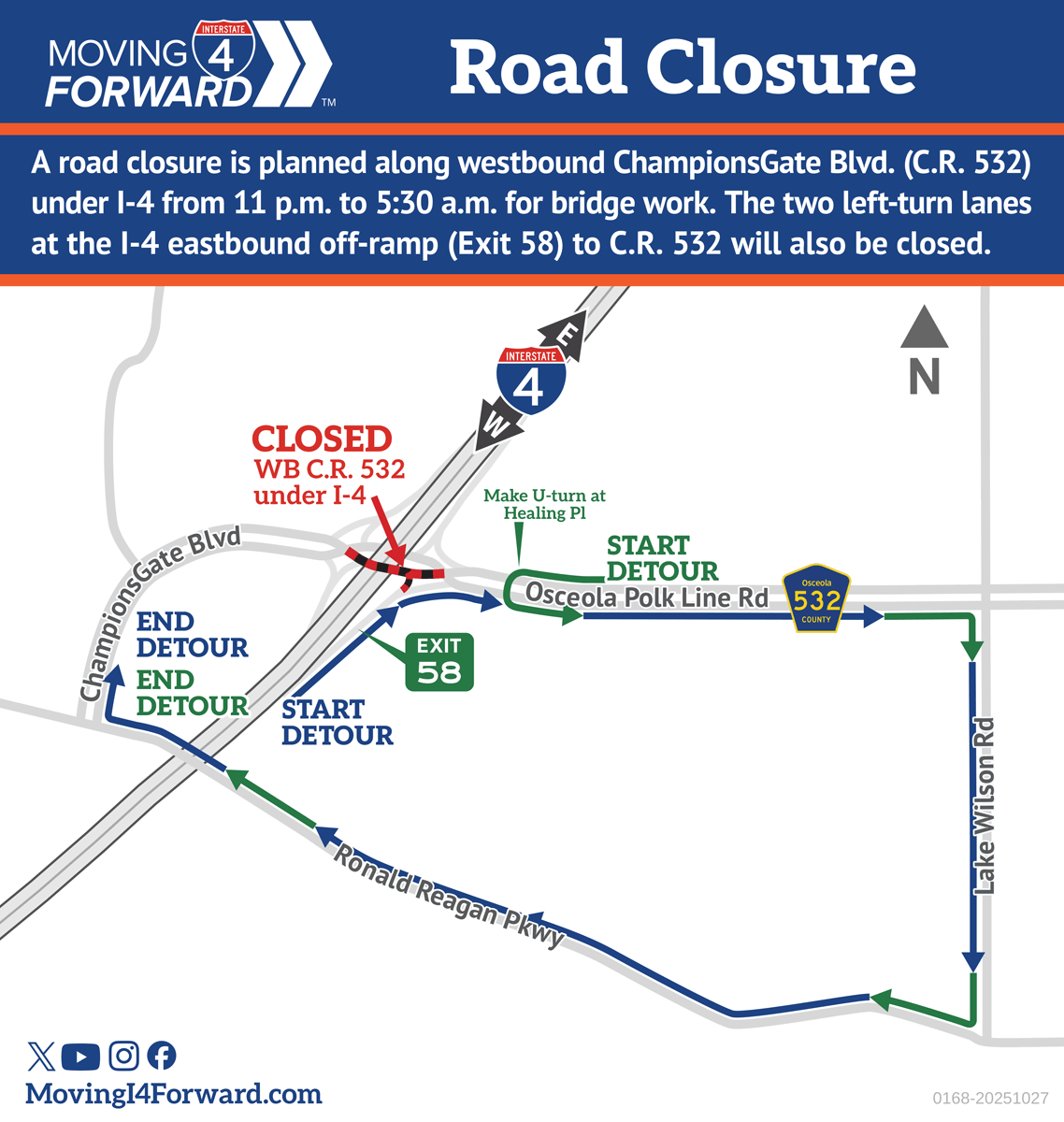 MyFDOT_CPO_MI4's tweet image. Traffic Advisory: Westbound ChampionsGate Boulevard (C.R. 532) under I-4 will be fully closed overnight from 11 p.m. on Thursday, Oct. 30, to 5:30 a.m. on Friday, Oct. 31, for bridge work. The two left-turn lanes at the I-4 eastbound off-ramp (Exit 58, Poinciana/Kissimmee) to…