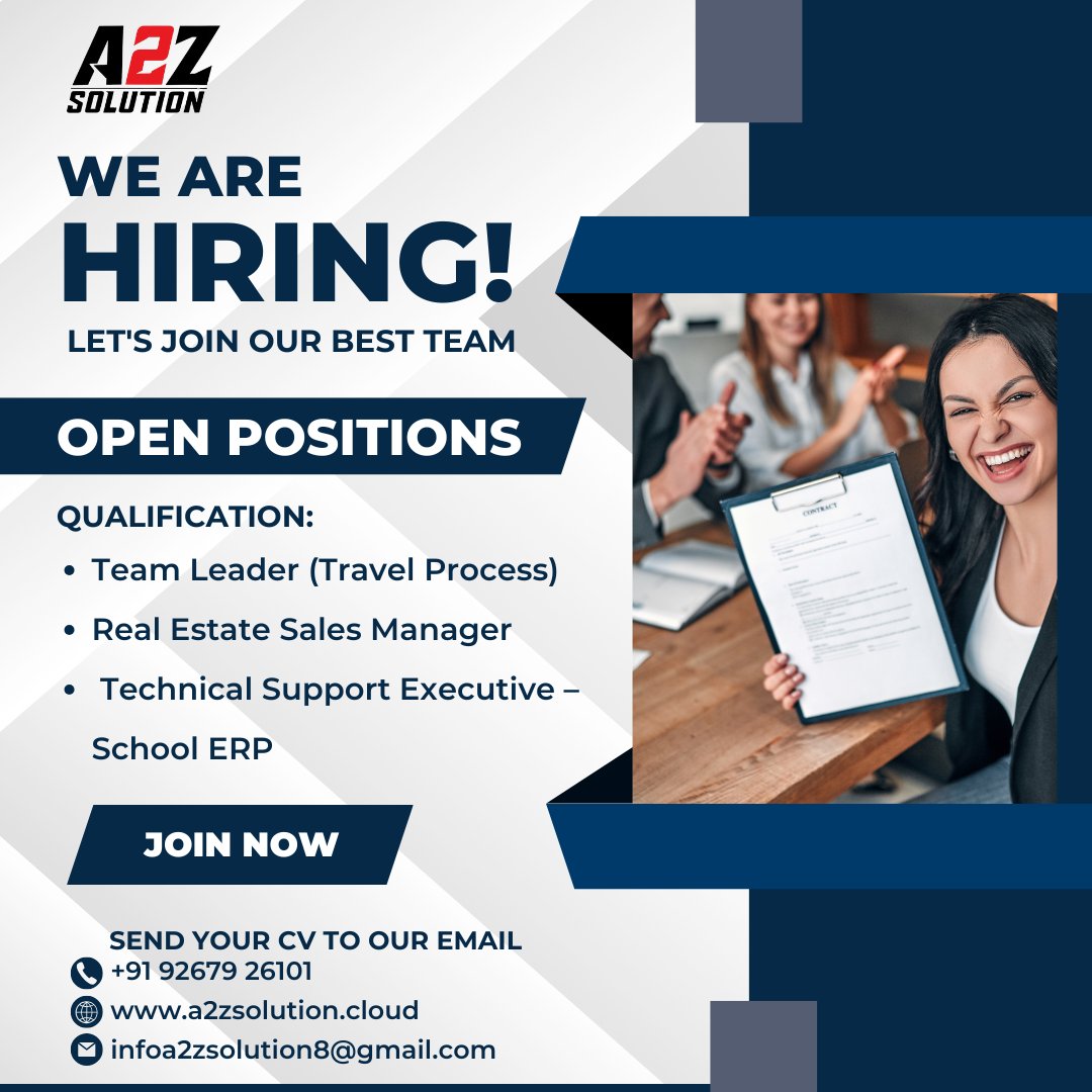SunderBhati01's tweet image. We Are Hiring! | Join Our Best Team at A2Z Solutionr

🚀 Open Positions:
1️⃣ Team Leader (Travel Process)
2️⃣ Real Estate Sales Manager
3️⃣ Technical Support Executive – School ERP

#WeAreHiring #A2ZSolution #JobVacancy #JoinOurTeam #CareerOpportunity #NowHiring #JobAlert
