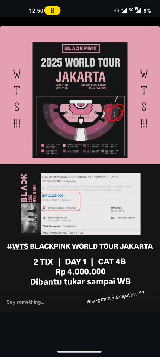 #WTS #JualRugi #BLACKPINK_DEADLINE #BLACKPINK_WORLDTOUR2025 #BLACKPINK_DEADLINE_IN_JAKARTA 

Ada 2tix | Day 1 | CAT 4B | Row 7
1tix Rp 2.100.000
2tix Rp 4.000.000
Dibantu sampai tukar jadi WB 🤏🏻
