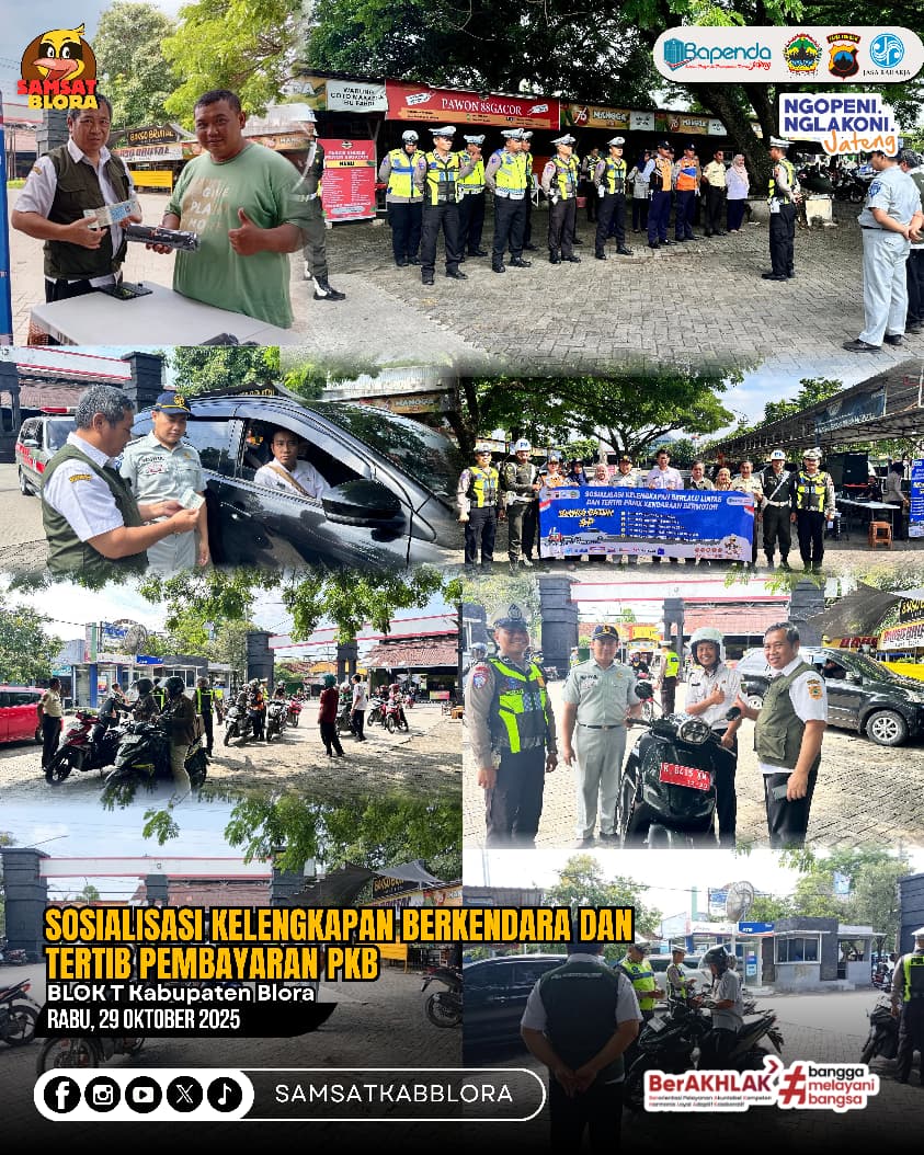 Tim Pembina Samsat Blora bersama dengan Bank Jateng, BPPKAD, Polisi Militer, dan Dinas Perhubungan Kabupaten Blora melaksanakan Sosialisasi Kelengkapan Berkendara dan Kepatuhan Pembayaran PKB di Blok T, Rabu (29/10).