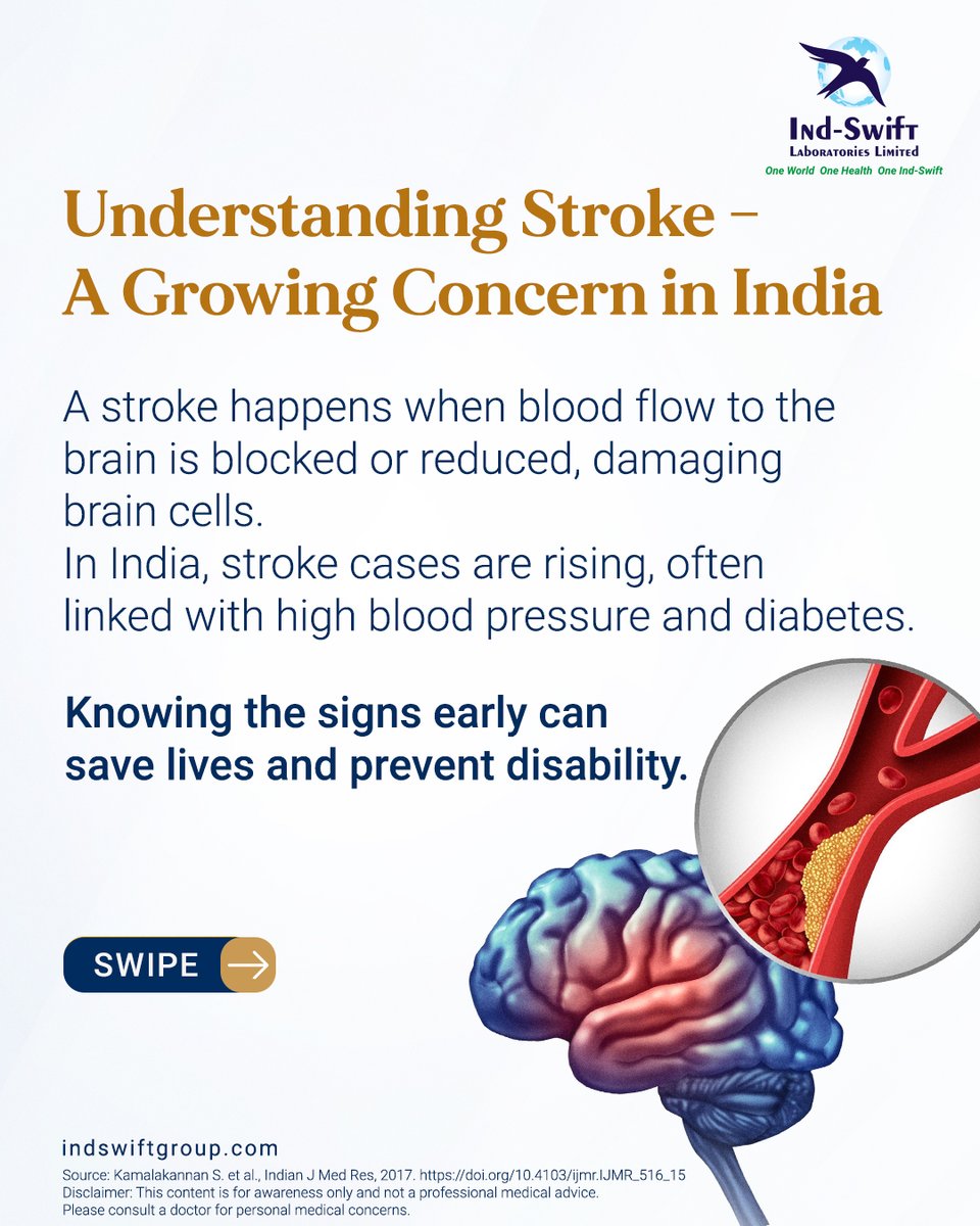 indswiftlabs's tweet image. A stroke can strike anyone, anytime - but quick action saves lives.
Know the signs. Live healthy. Act F.A.S.T.

🌐 Visit us: indswiftgroup.com
📌 Follow us: Facebook | LinkedIn | Instagram

#WorldStrokeDay #StrokeAwareness #IndSwiftGroup #IndSwiftLabs #OneWorldOneHealth
