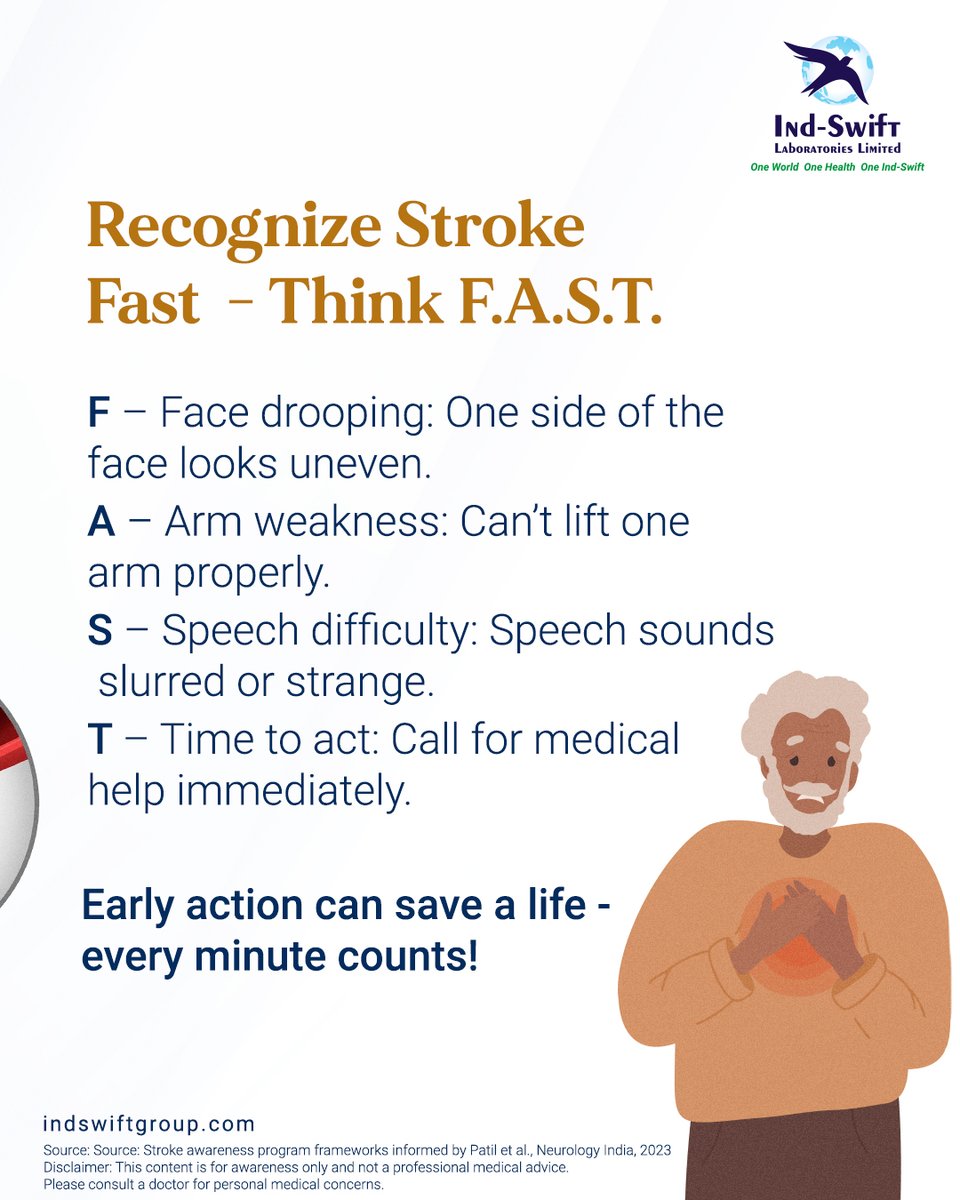 indswiftlabs's tweet image. A stroke can strike anyone, anytime - but quick action saves lives.
Know the signs. Live healthy. Act F.A.S.T.

🌐 Visit us: indswiftgroup.com
📌 Follow us: Facebook | LinkedIn | Instagram

#WorldStrokeDay #StrokeAwareness #IndSwiftGroup #IndSwiftLabs #OneWorldOneHealth