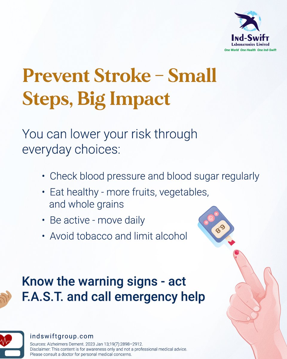 indswiftlabs's tweet image. A stroke can strike anyone, anytime - but quick action saves lives.
Know the signs. Live healthy. Act F.A.S.T.

🌐 Visit us: indswiftgroup.com
📌 Follow us: Facebook | LinkedIn | Instagram

#WorldStrokeDay #StrokeAwareness #IndSwiftGroup #IndSwiftLabs #OneWorldOneHealth