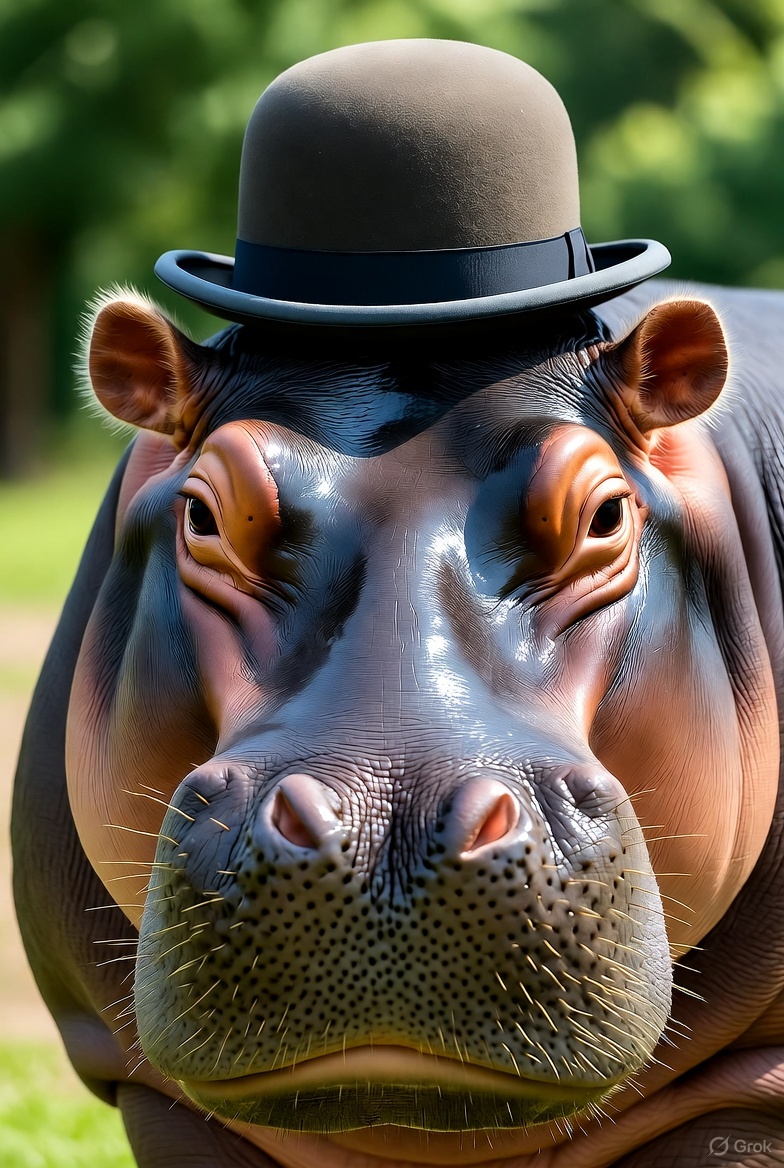 Watching <a href="/TheLegalMindset/">Legal Mindset</a>, his MooDeng plushie made me wonder what our lord and savior god-empress MooDeng would look like grown up in a bowler hat. This is Grok's attempt...